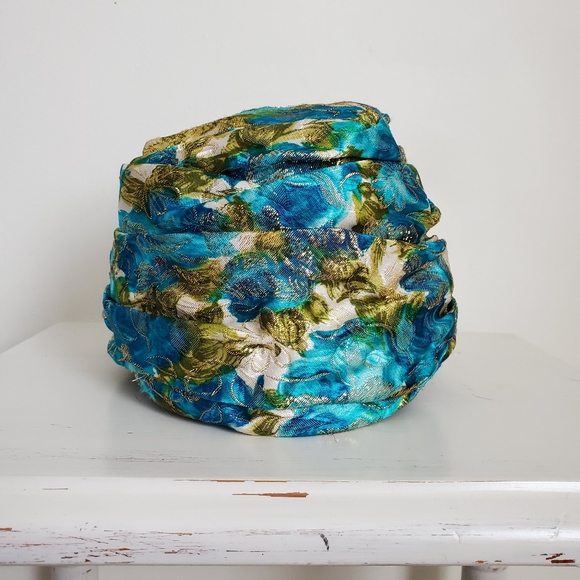50s 60s Vintage Union Made Metallic Gold Garden Print Turban Hat - Picture 10 of 13